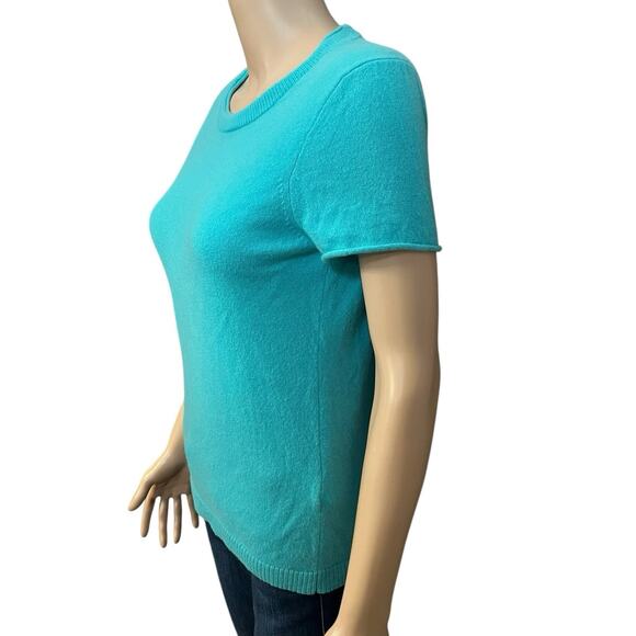 J Crew Cashmere Short Sleeve Sweater Medium Turquoise Minimalist Classic Preppy - Picture 3 of 12